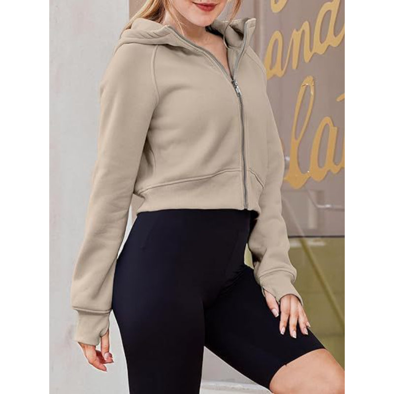 Long Sleeve Casual Velvet Zipper Short Sweatshirt Hoodie-CALLISTARI