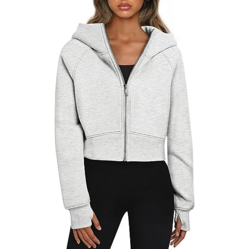Long Sleeve Casual Velvet Zipper Short Sweatshirt Hoodie-CALLISTARI