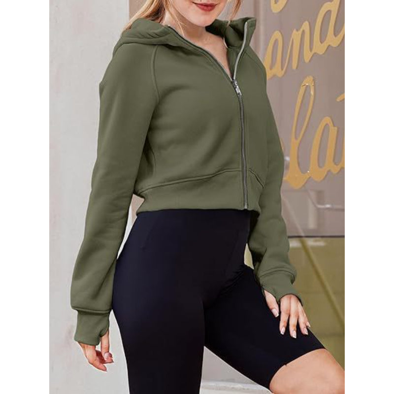 Long Sleeve Casual Velvet Zipper Short Sweatshirt Hoodie-CALLISTARI