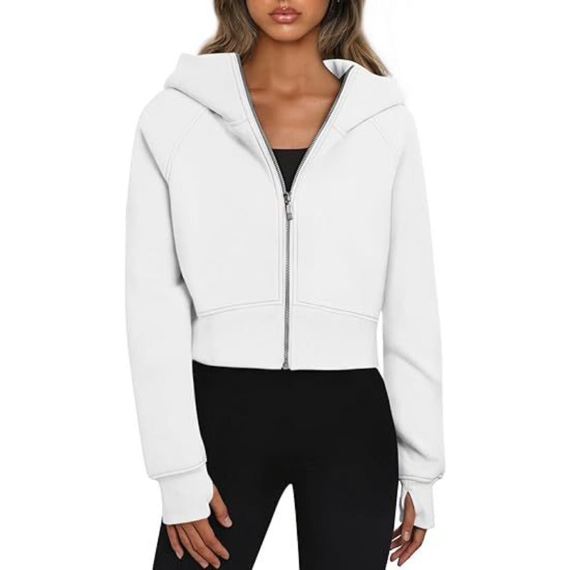 Long Sleeve Casual Velvet Zipper Short Sweatshirt Hoodie-CALLISTARI