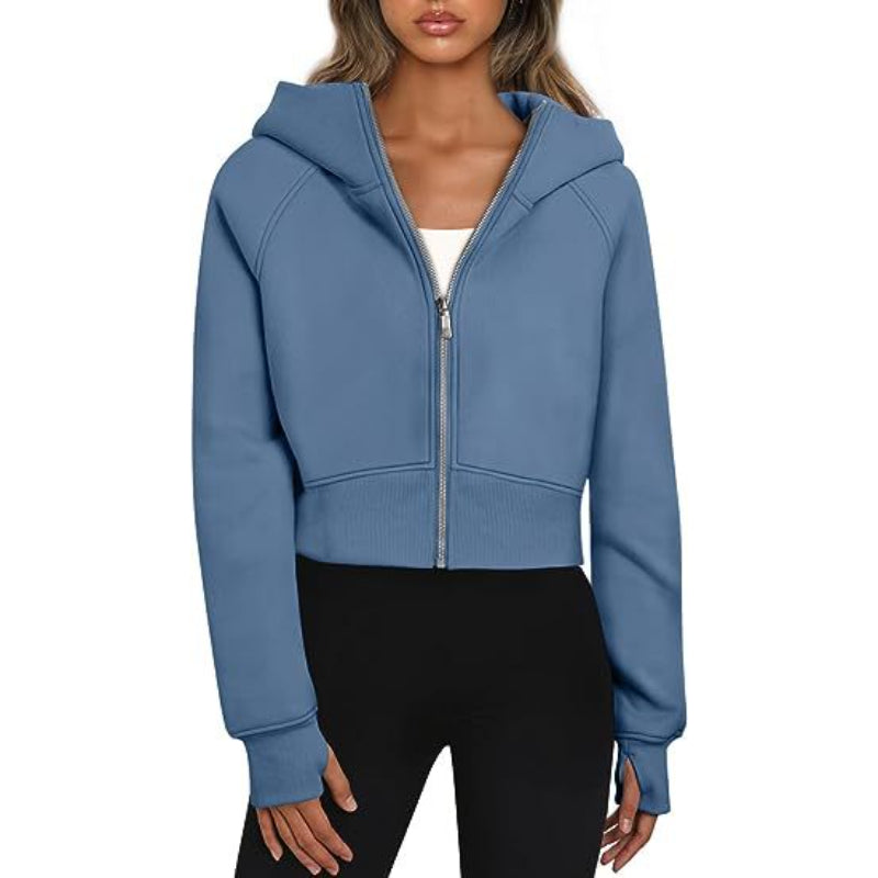 Long Sleeve Casual Velvet Zipper Short Sweatshirt Hoodie-CALLISTARI