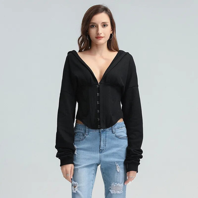 Long Sleeve Tied Short Sweater Hoodie-CALLISTARI