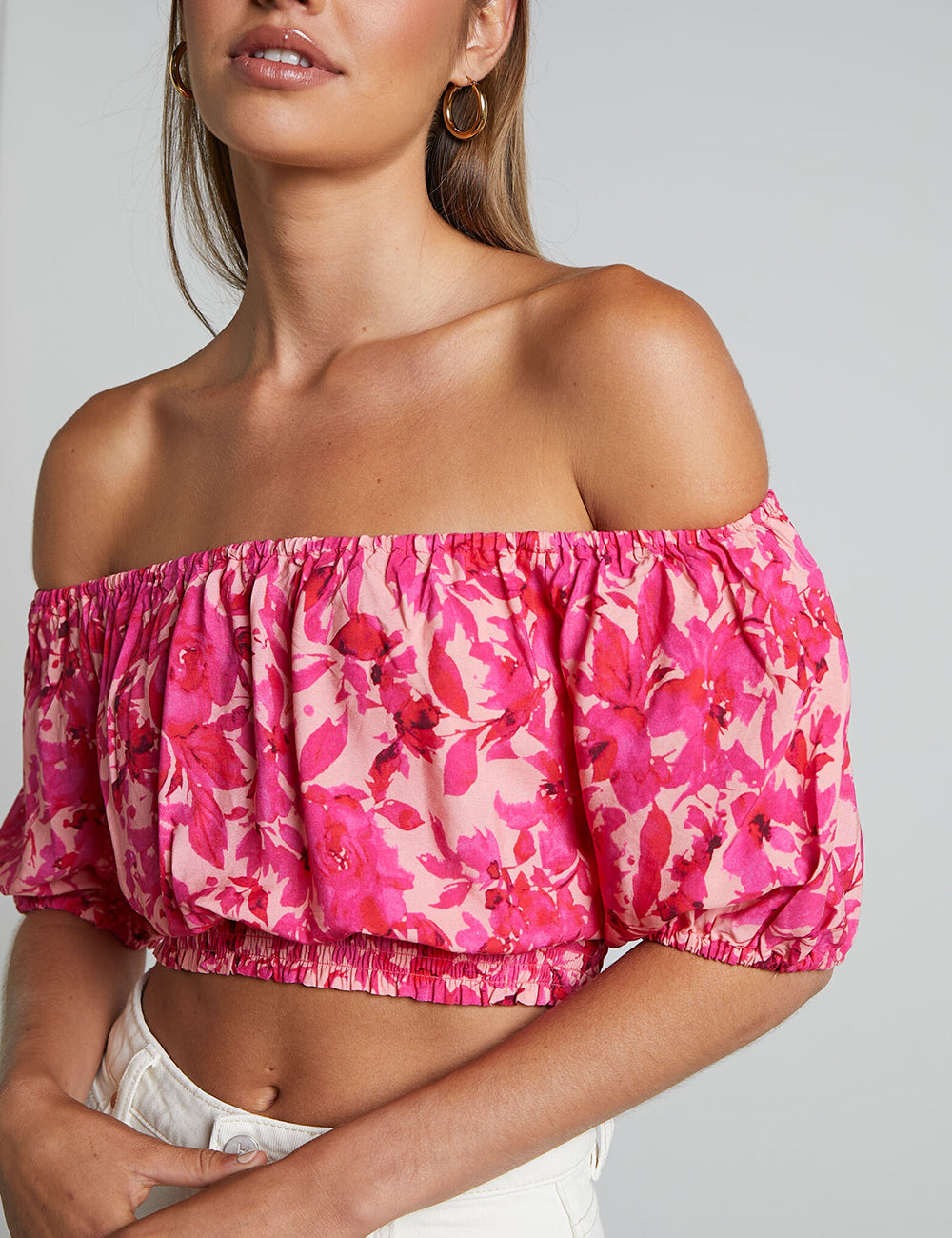 Off Shoulder Puff Sleeve Shirred Top In Pink Floral-CALLISTARI