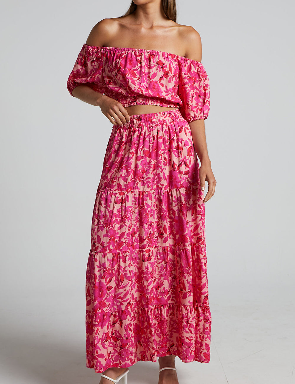 Off Shoulder Puff Sleeve Shirred Top In Pink Floral-CALLISTARI