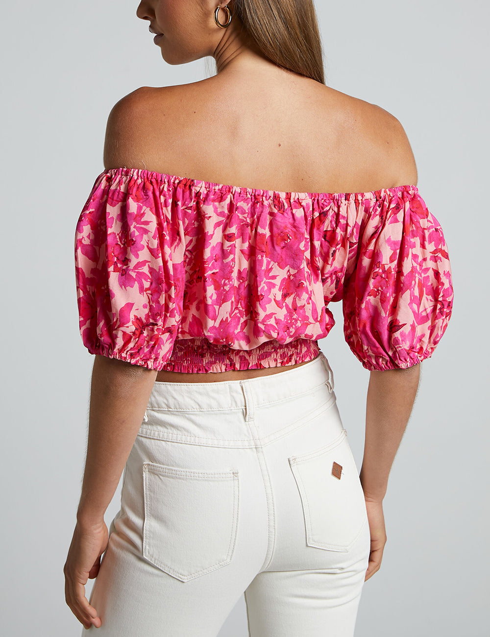 Off Shoulder Puff Sleeve Shirred Top In Pink Floral-CALLISTARI