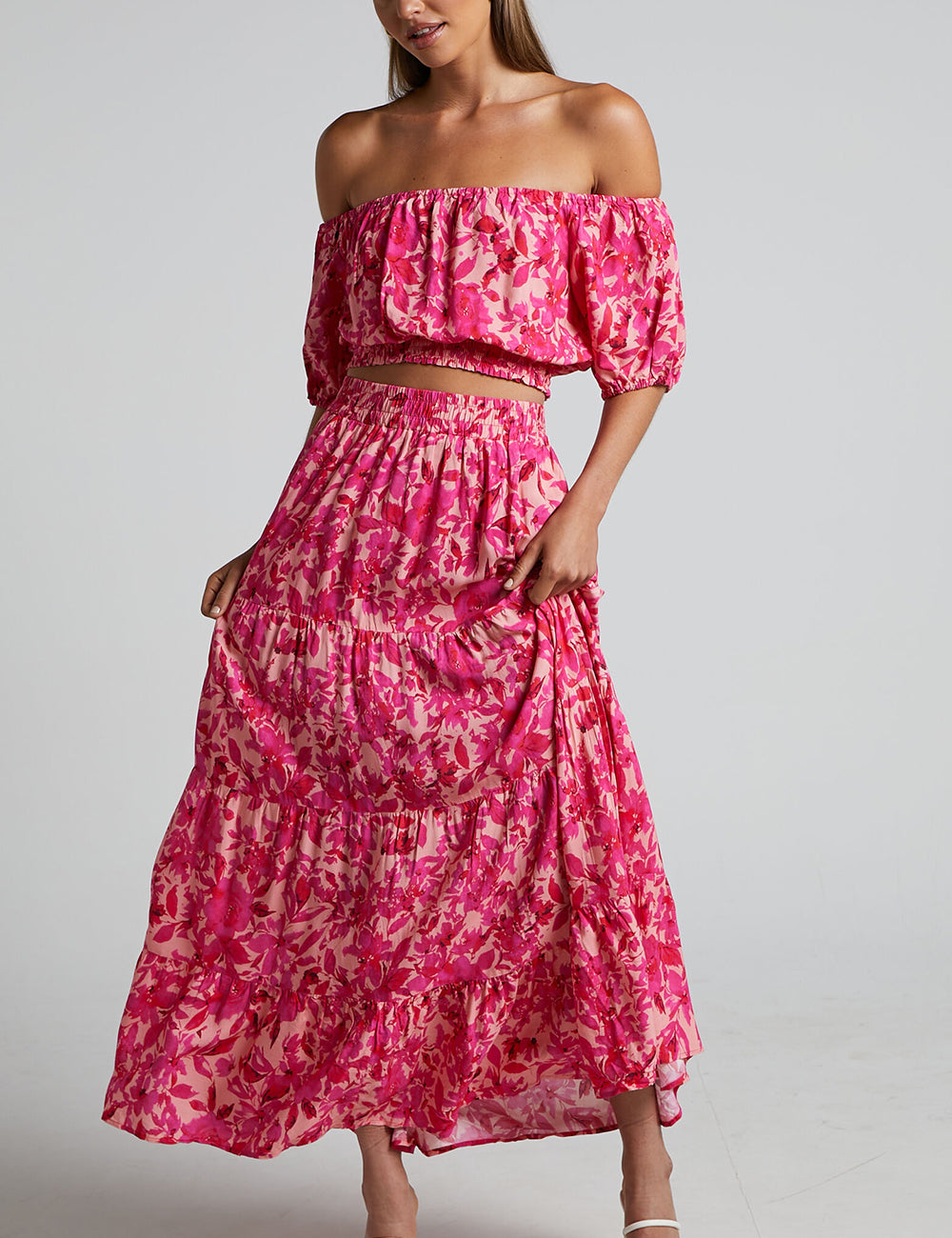 Off Shoulder Puff Sleeve Shirred Top In Pink Floral-CALLISTARI