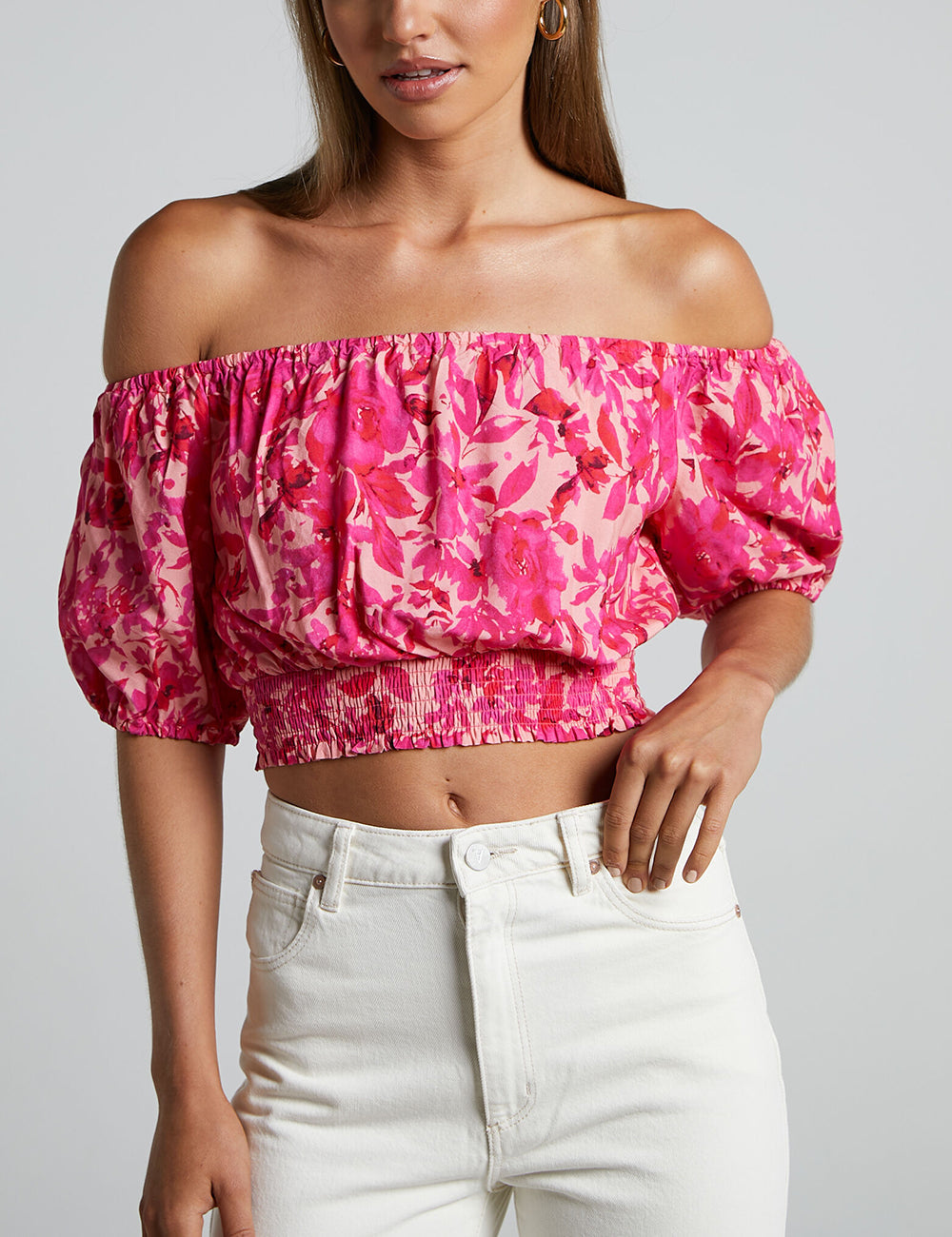 Off Shoulder Puff Sleeve Shirred Top In Pink Floral-CALLISTARI