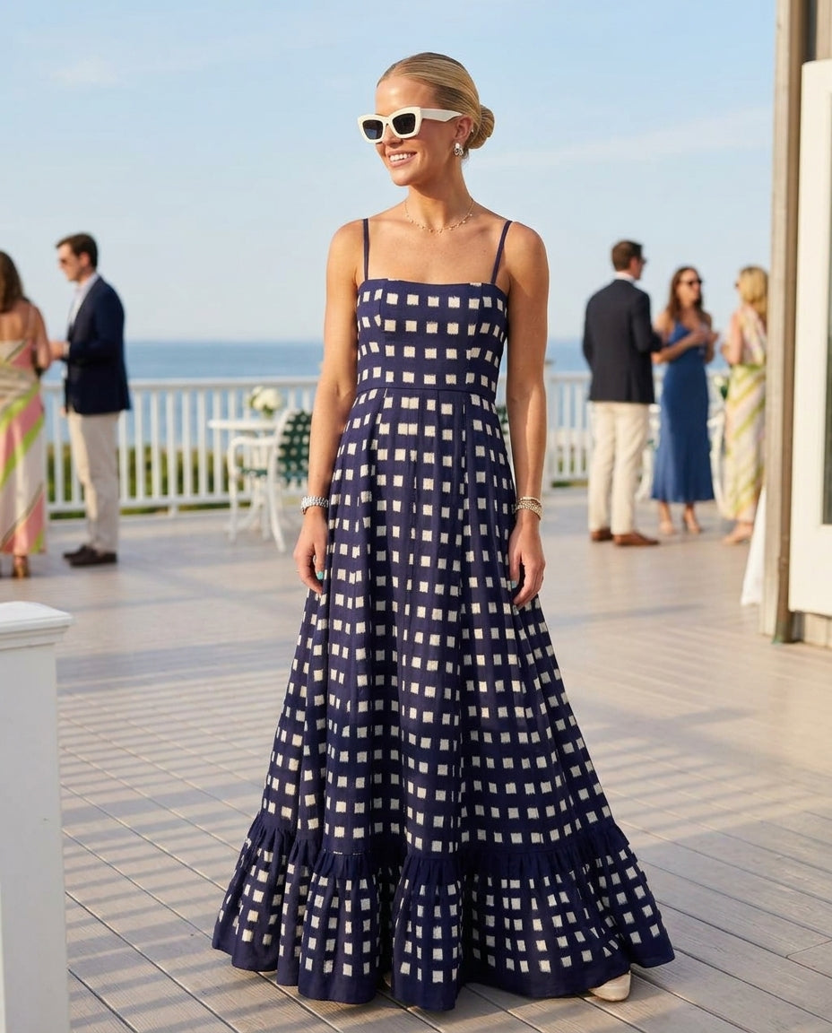 Navy Eyelet V-Neck Maxi Dress "Serena" Navy Maxi Dress with Relaxed Fit silhouette and Textured texture, additional styling view for Resort Wear, a polished coastal brunch, US East / Hamptons Elite