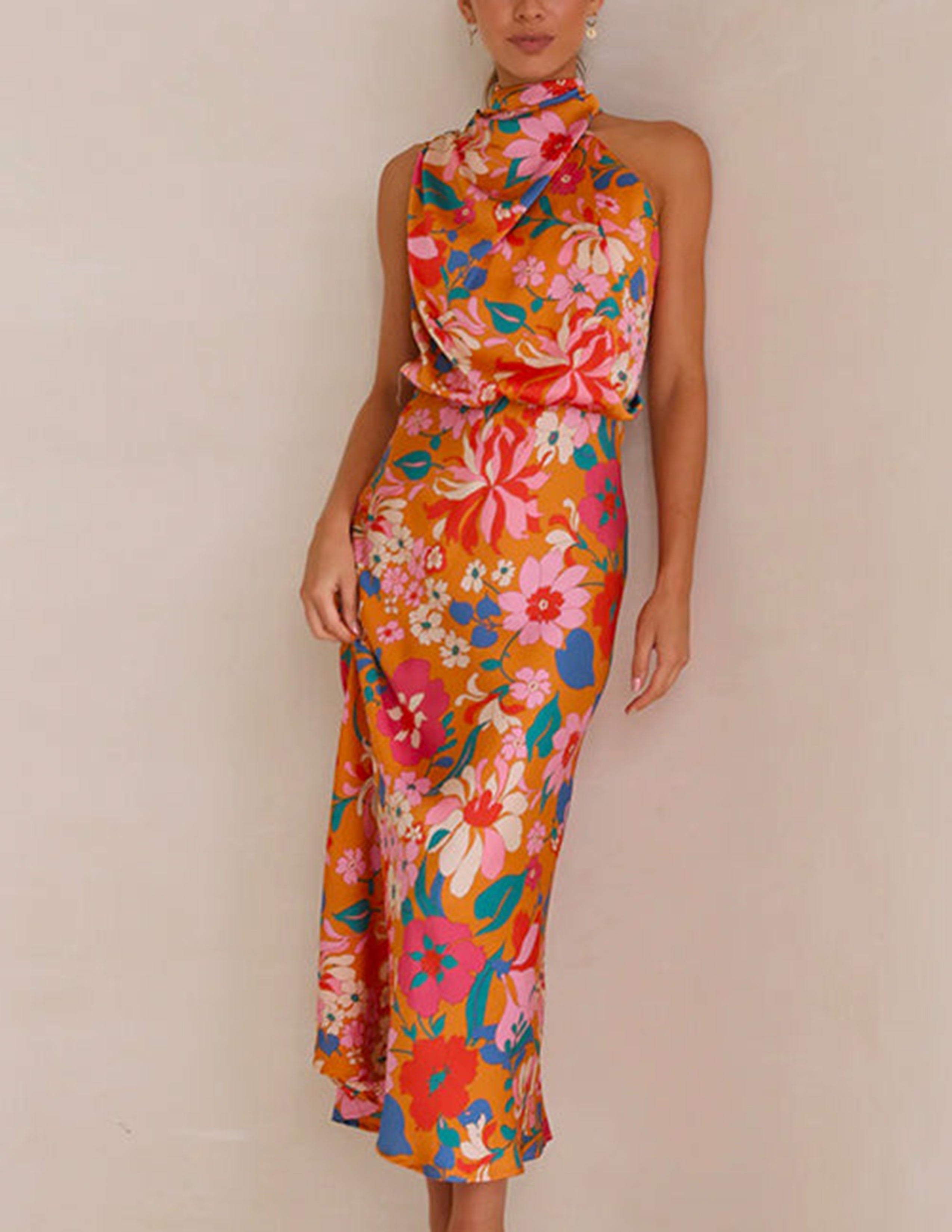 Floral Halter Neck Elastic Waist Maxi Dress-Mesadic