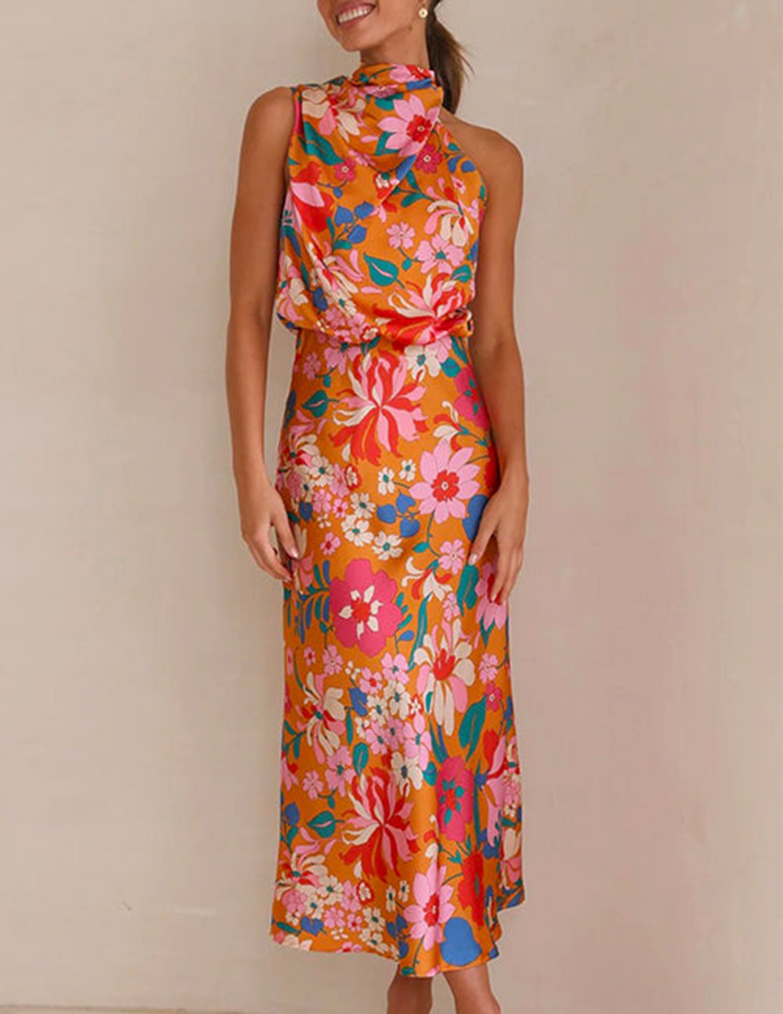 Floral Halter Neck Elastic Waist Maxi Dress-Mesadic