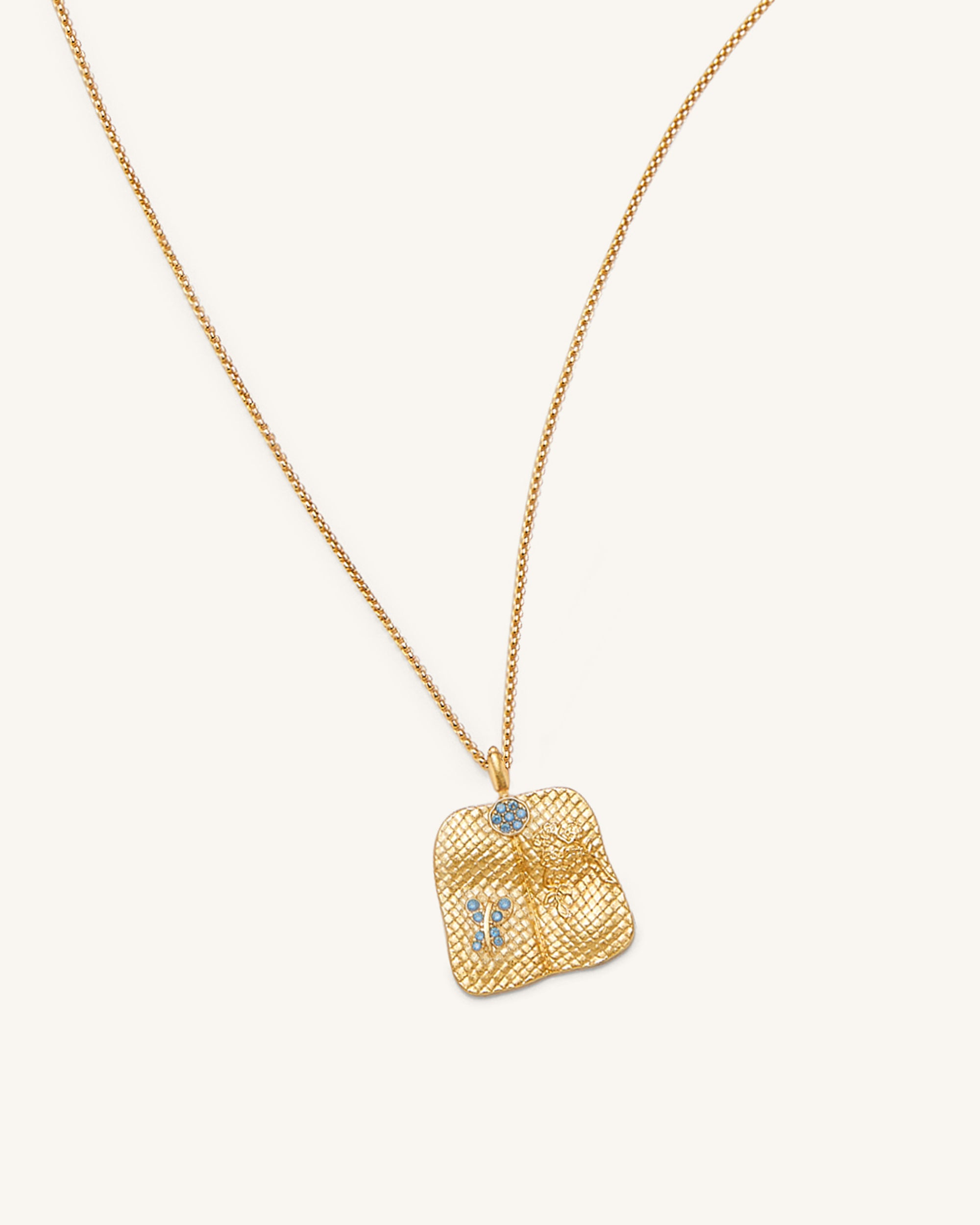 Plantain Fan Pendant Necklace - 18ct Gold Plated & Sea Blue Zircon & Green Nano-Mesadic