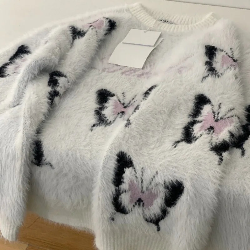 Butterfly Mohair O-neck Butterfly Sweater Mujer Autumn Winter New Loose Lazy Pullovers E-Girl Long Sleeve Knitted Tops Women-Trafni
