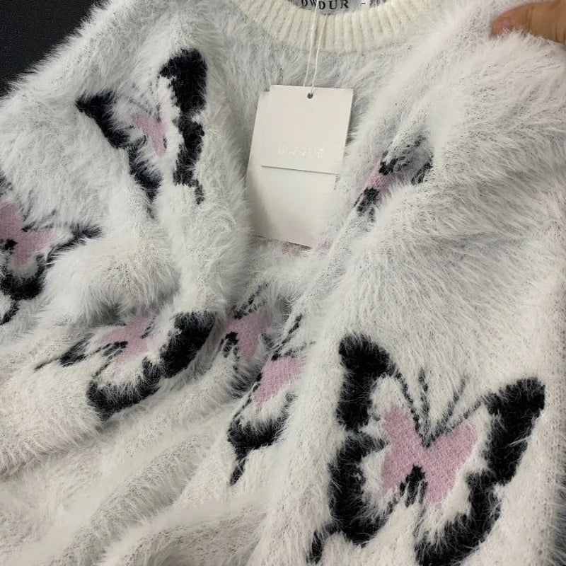 Butterfly Mohair O-neck Butterfly Sweater Mujer Autumn Winter New Loose Lazy Pullovers E-Girl Long Sleeve Knitted Tops Women-Trafni