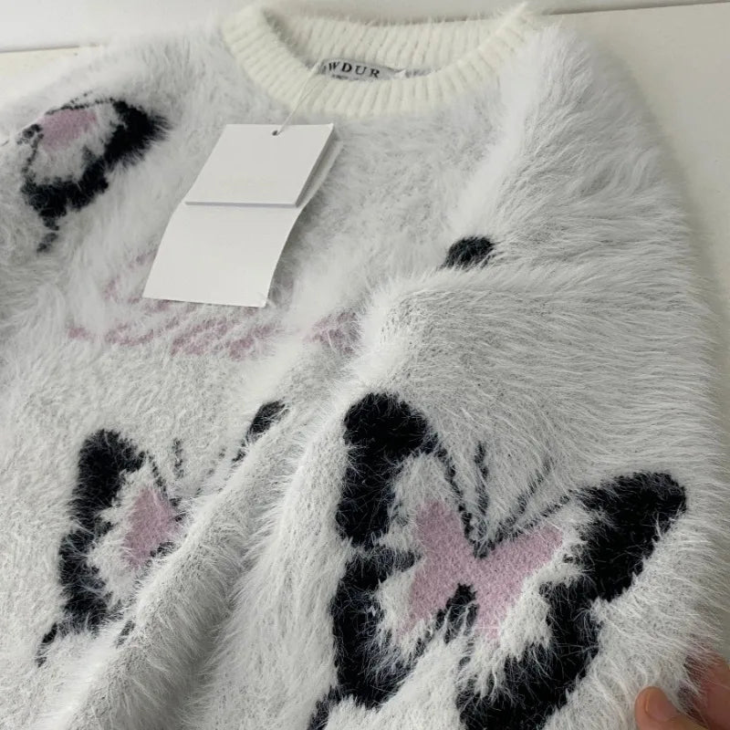 Butterfly Mohair O-neck Butterfly Sweater Mujer Autumn Winter New Loose Lazy Pullovers E-Girl Long Sleeve Knitted Tops Women-Trafni