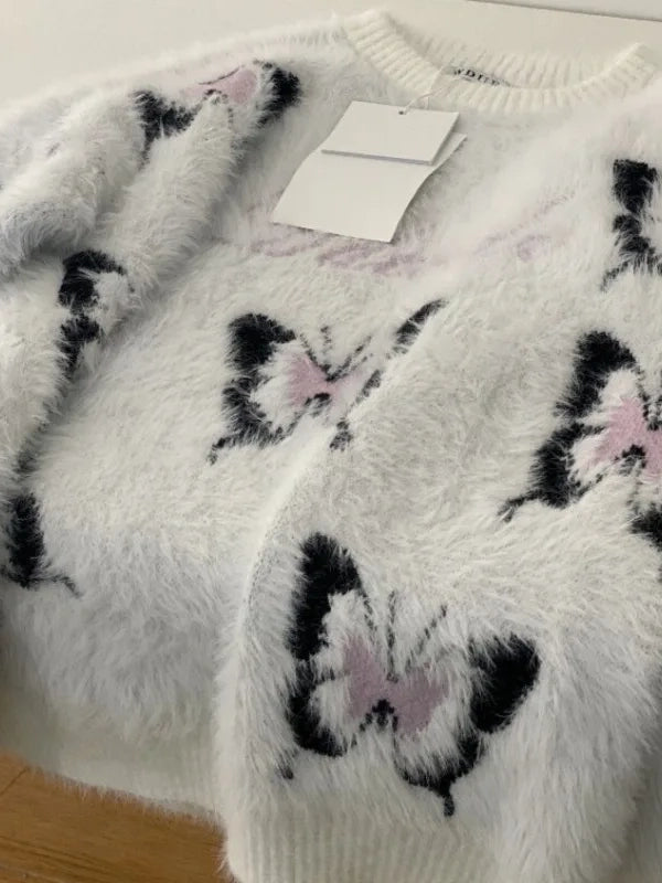 Butterfly Mohair O-neck Butterfly Sweater Mujer Autumn Winter New Loose Lazy Pullovers E-Girl Long Sleeve Knitted Tops Women-Trafni