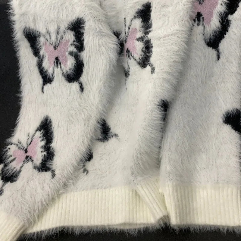 Butterfly Mohair O-neck Butterfly Sweater Mujer Autumn Winter New Loose Lazy Pullovers E-Girl Long Sleeve Knitted Tops Women-Trafni