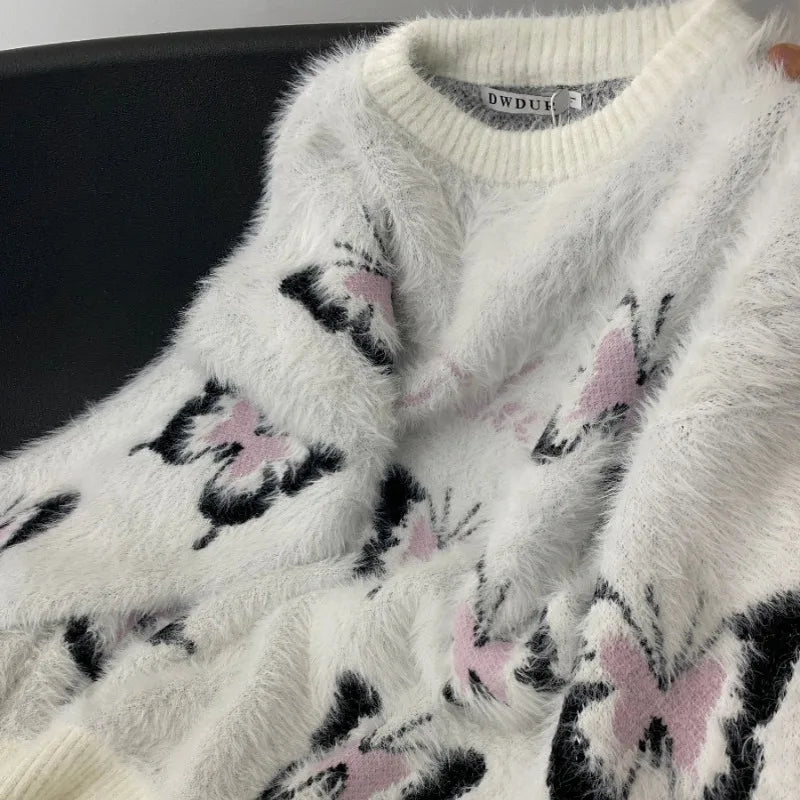 Butterfly Mohair O-neck Butterfly Sweater Mujer Autumn Winter New Loose Lazy Pullovers E-Girl Long Sleeve Knitted Tops Women-Trafni