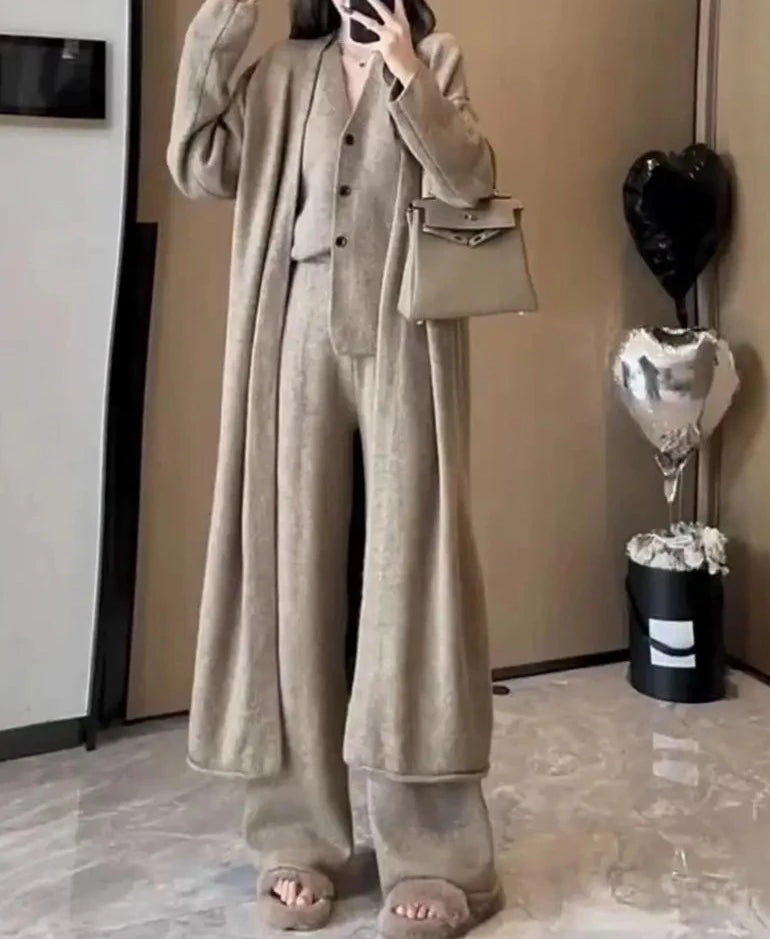 New Autumn Winter Women Knitted Three Piece Set Cardigan Sweater + Single Breasted Vest Tops And Wide Leg Pants Fashion Elegant-Mesadic
