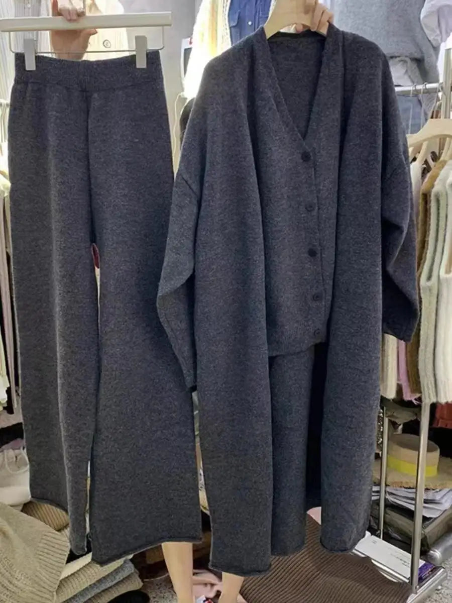 New Autumn Winter Women Knitted Three Piece Set Cardigan Sweater + Single Breasted Vest Tops And Wide Leg Pants Fashion Elegant-Mesadic