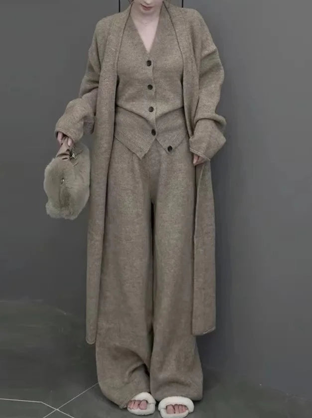 New Autumn Winter Women Knitted Three Piece Set Cardigan Sweater + Single Breasted Vest Tops And Wide Leg Pants Fashion Elegant-Mesadic