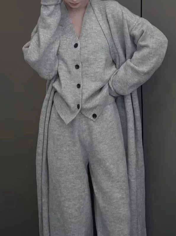 New Autumn Winter Women Knitted Three Piece Set Cardigan Sweater + Single Breasted Vest Tops And Wide Leg Pants Fashion Elegant-Mesadic