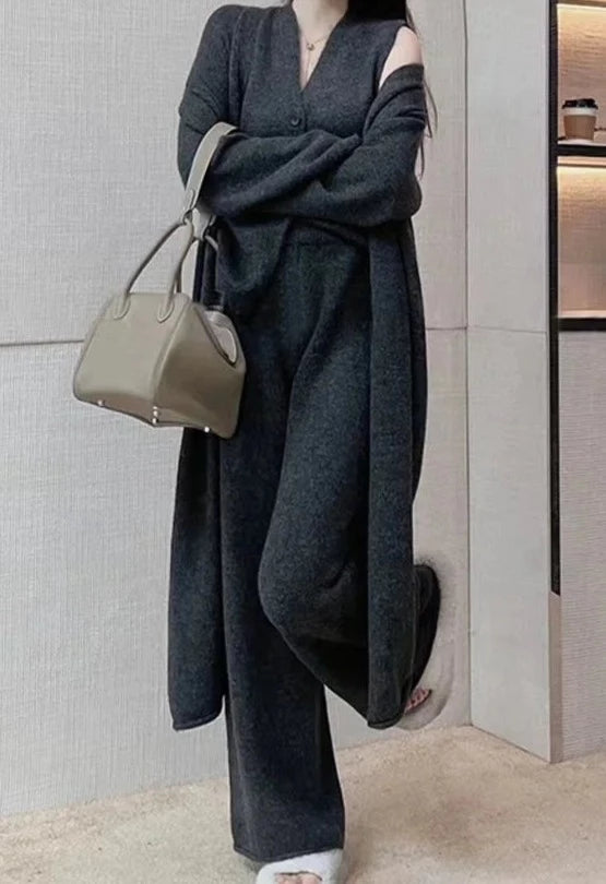 New Autumn Winter Women Knitted Three Piece Set Cardigan Sweater + Single Breasted Vest Tops And Wide Leg Pants Fashion Elegant-Mesadic