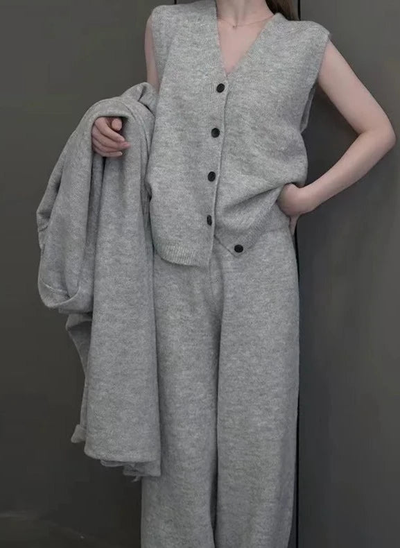 New Autumn Winter Women Knitted Three Piece Set Cardigan Sweater + Single Breasted Vest Tops And Wide Leg Pants Fashion Elegant-Mesadic