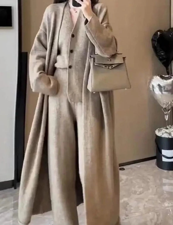 New Autumn Winter Women Knitted Three Piece Set Cardigan Sweater + Single Breasted Vest Tops And Wide Leg Pants Fashion Elegant-Mesadic