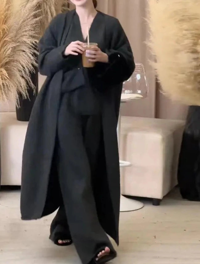 New Autumn Winter Women Knitted Three Piece Set Cardigan Sweater + Single Breasted Vest Tops And Wide Leg Pants Fashion Elegant-Mesadic