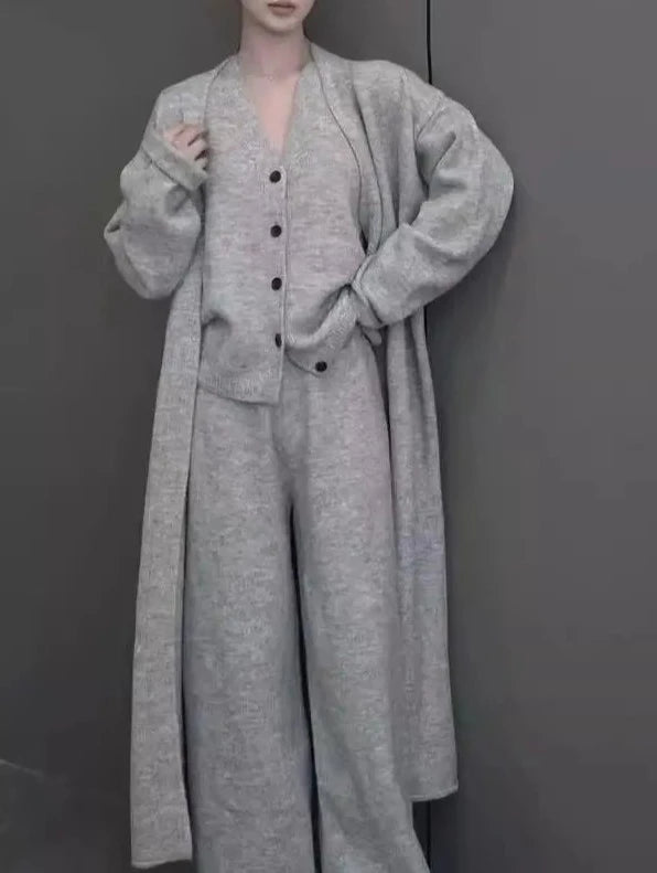 New Autumn Winter Women Knitted Three Piece Set Cardigan Sweater + Single Breasted Vest Tops And Wide Leg Pants Fashion Elegant-Mesadic