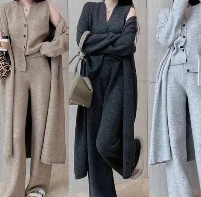 New Autumn Winter Women Knitted Three Piece Set Cardigan Sweater + Single Breasted Vest Tops And Wide Leg Pants Fashion Elegant-Mesadic