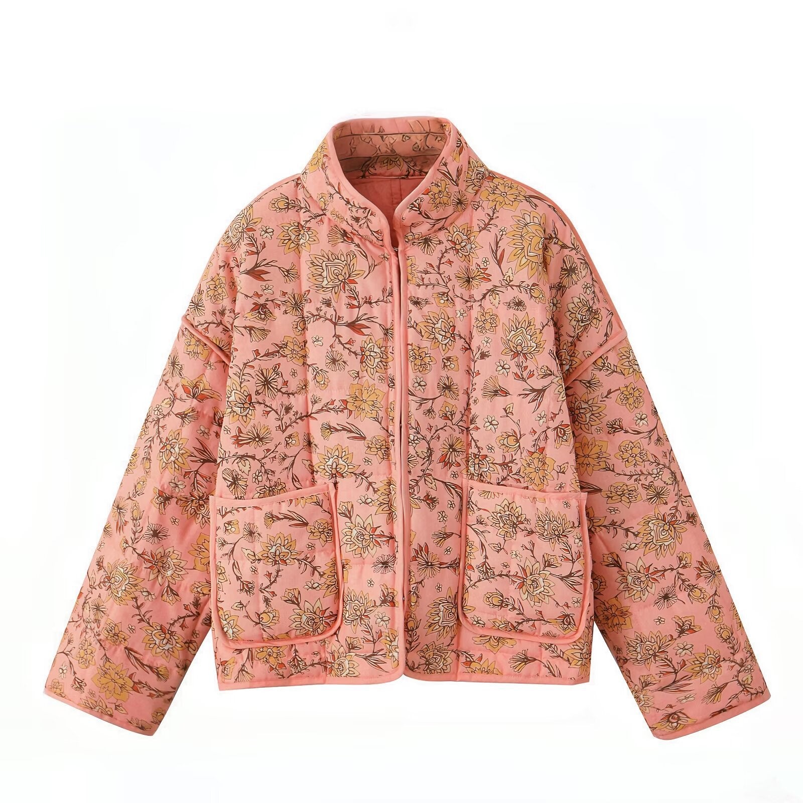 Floral Print Stand Collar Patchwork Jacket-CALLISTARI