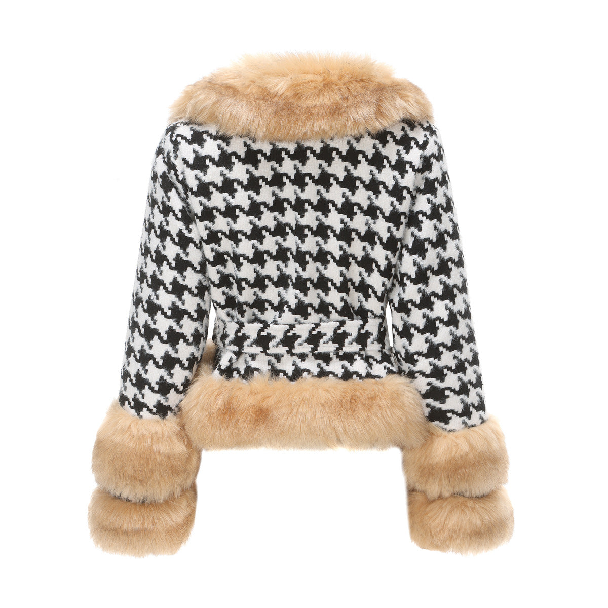 Women Autumn Winter Plaid Coat Detachable Short Fur Collar Tops Houndstooth-CALLISTARI