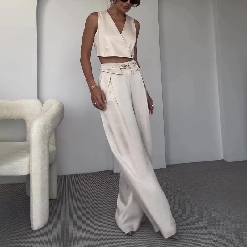 Women's Sleeveless V-neck Short Vest Top Straight-leg Pants Two-piece Set-CALLISTARI