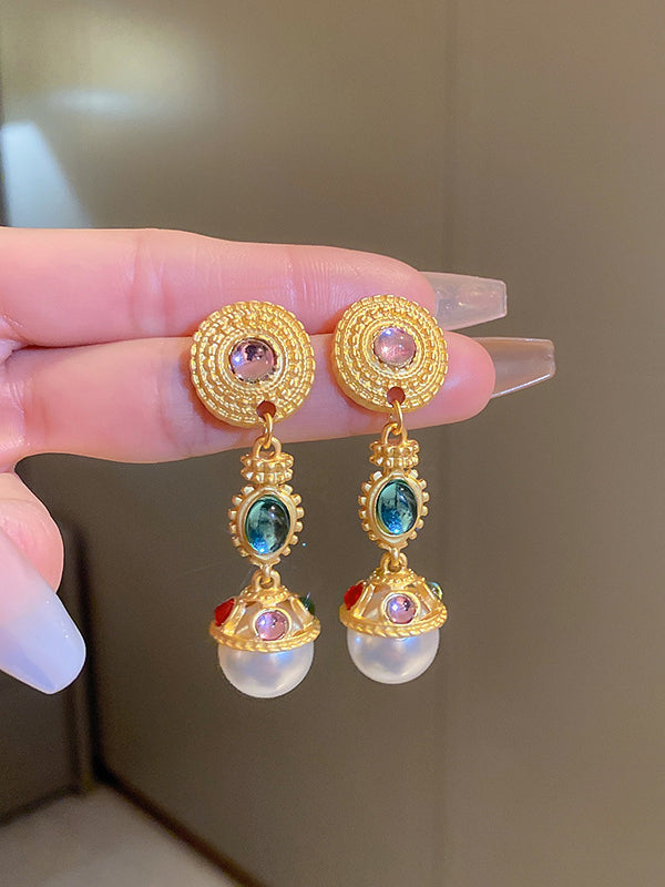 Retro Palace Style Gemstone Pearl Earrings-CALLISTARI