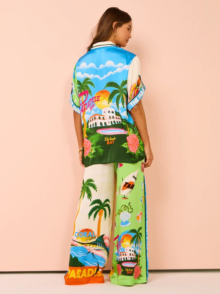 Vacation Leisure Loose Print Wide Leg Pants-Set-Mesadic