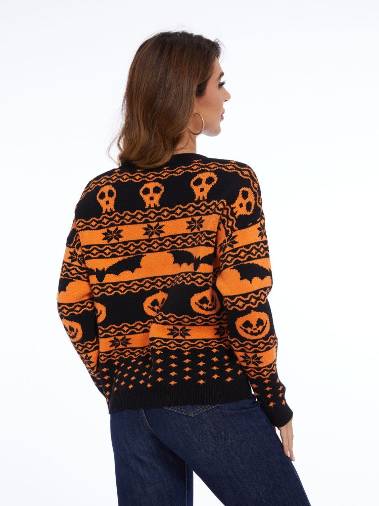 Halloween Pumpkin Pattern Round Neck Knitted Sweater-CALLISTARI