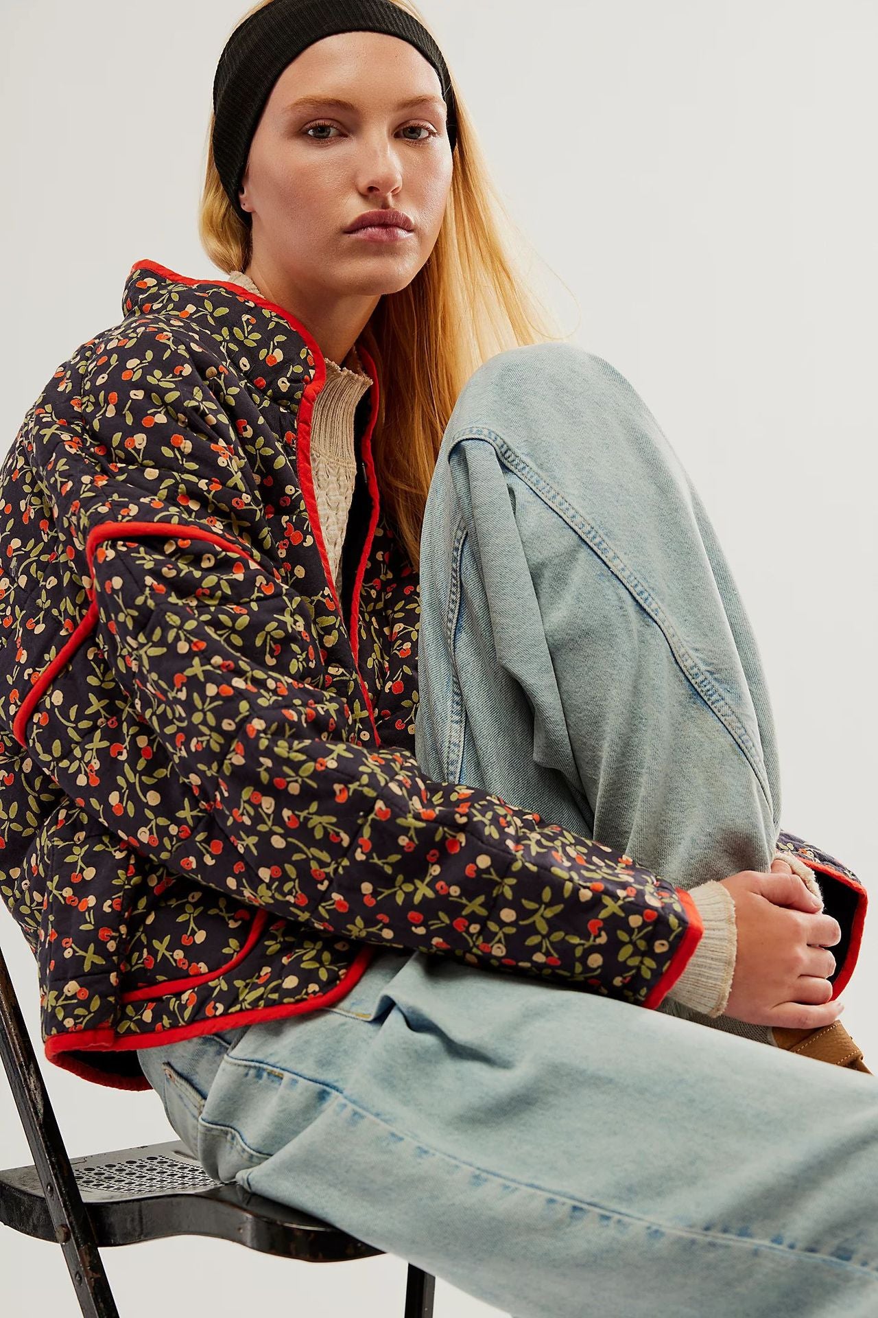 Flower Print Pocket Clip Cotton Drop Shoulder Jacket-CALLISTARI