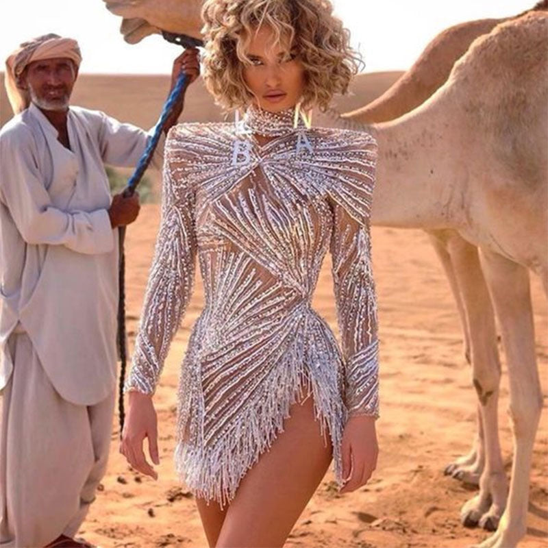 Ablina Dyla Silver Fringed Feather Sequin Mini Dress-CALLISTARI