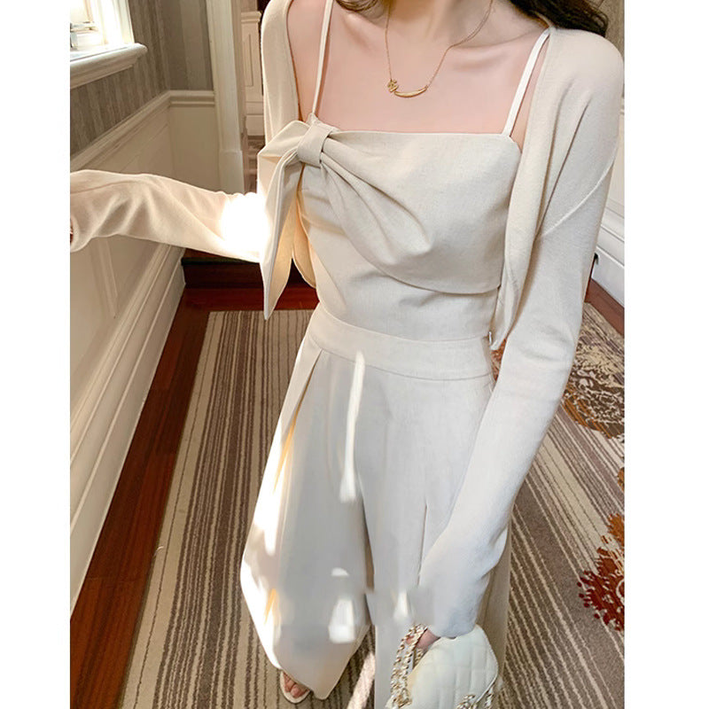 Women's Bow Suspenders Top Wide Leg Pants Suit-CALLISTARI