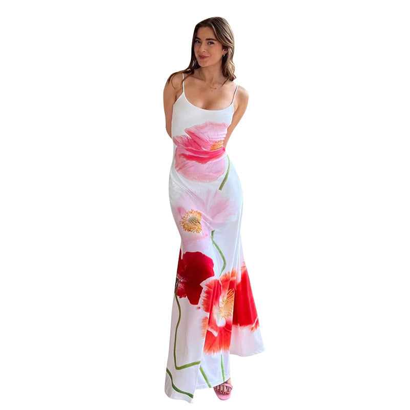 Spring Women's Sling Backless Flower Print Dress-CALLISTARI