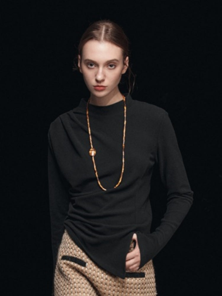 Mock Neck Split Long Sleeve T-Shirt-CALLISTARI