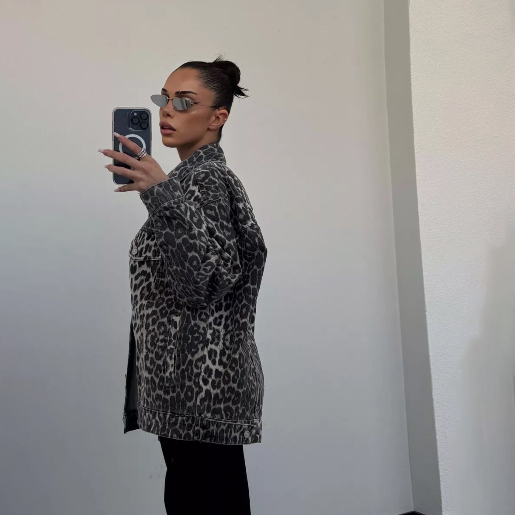 Vintage Street Casual Leopard Print Denim Jacket-CALLISTARI