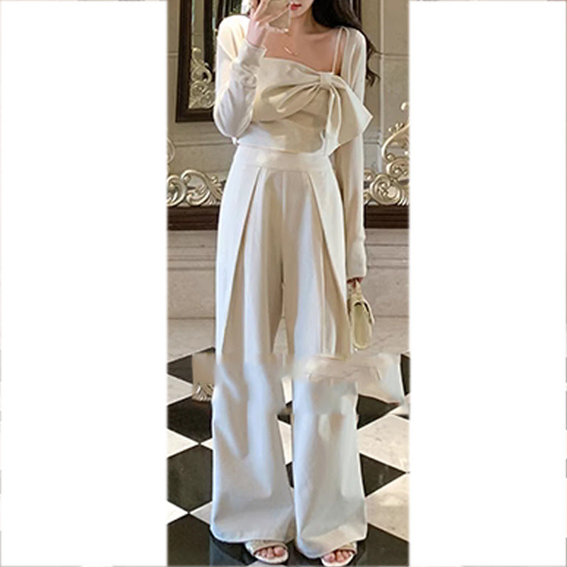 Women's Bow Suspenders Top Wide Leg Pants Suit-CALLISTARI