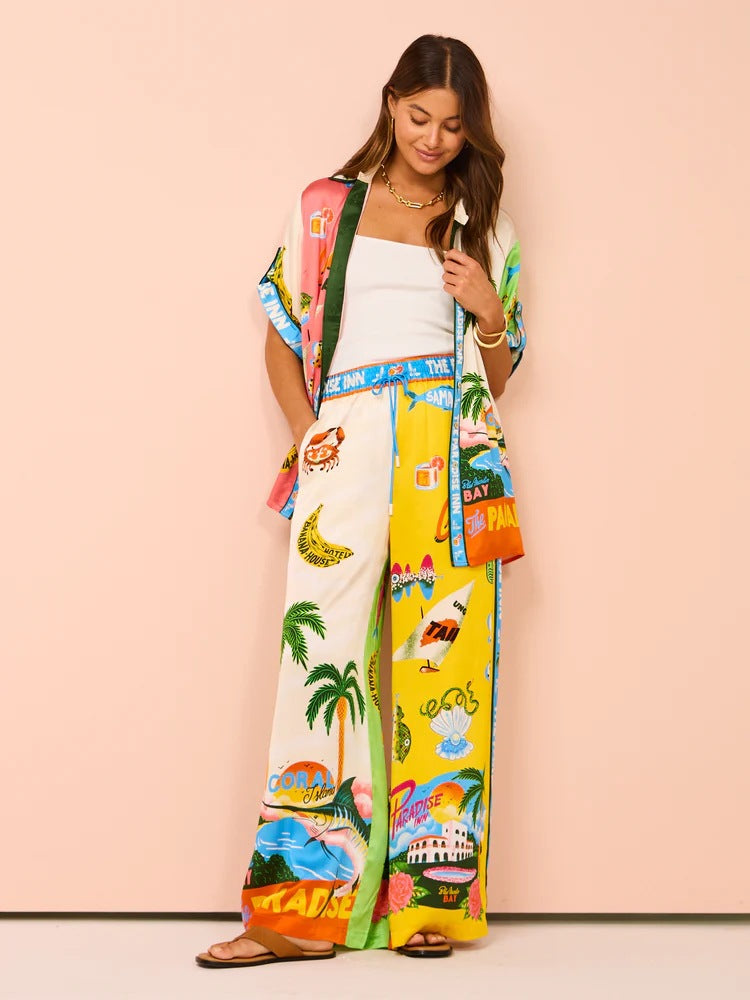 Vacation Leisure Loose Print Wide Leg Pants-Set-Mesadic
