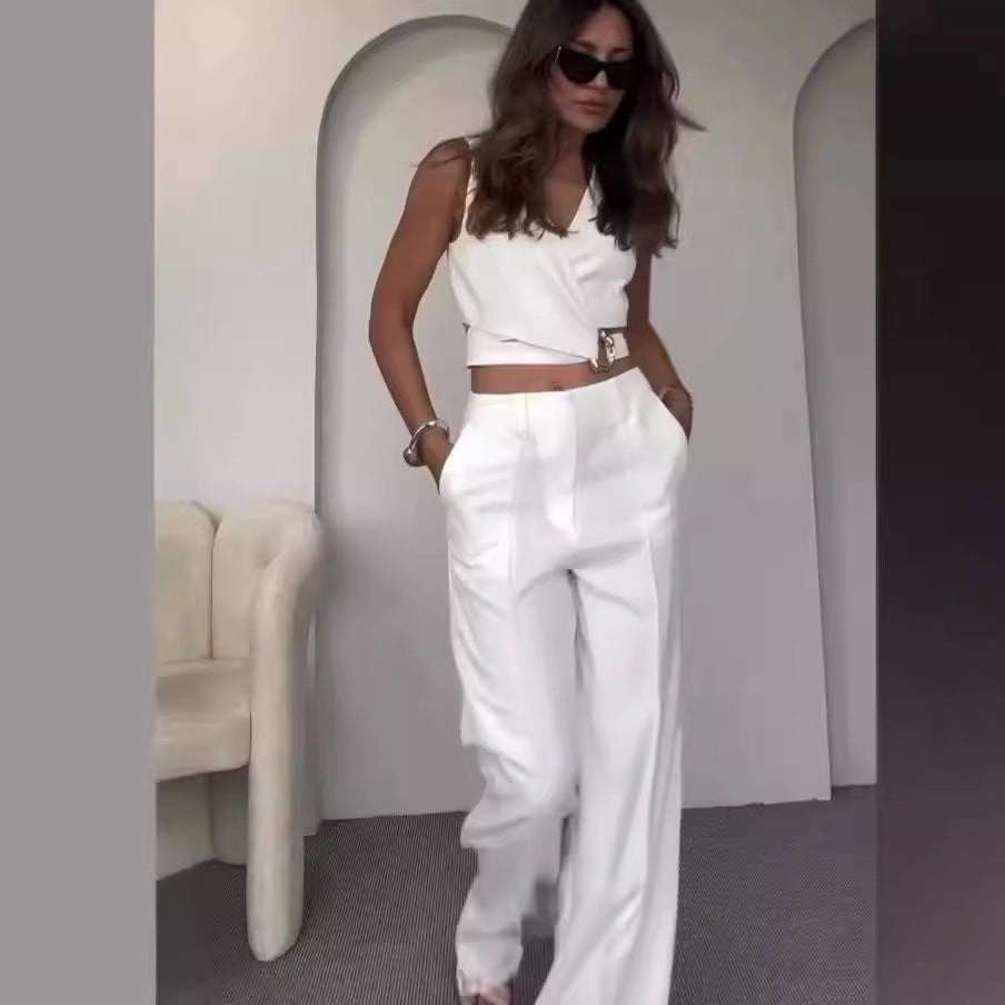 Women's Fashion Cross Slim Sleeveless Vest High Waist Wide Leg Pants Suit-CALLISTARI