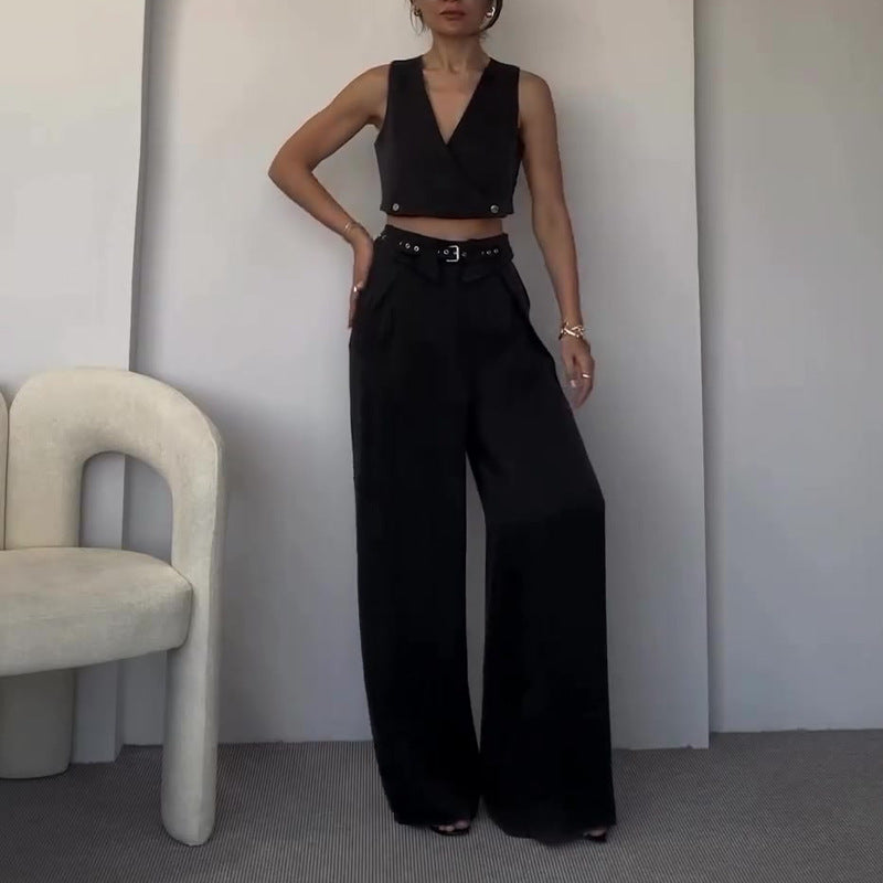 Women's Sleeveless V-neck Short Vest Top Straight-leg Pants Two-piece Set-CALLISTARI