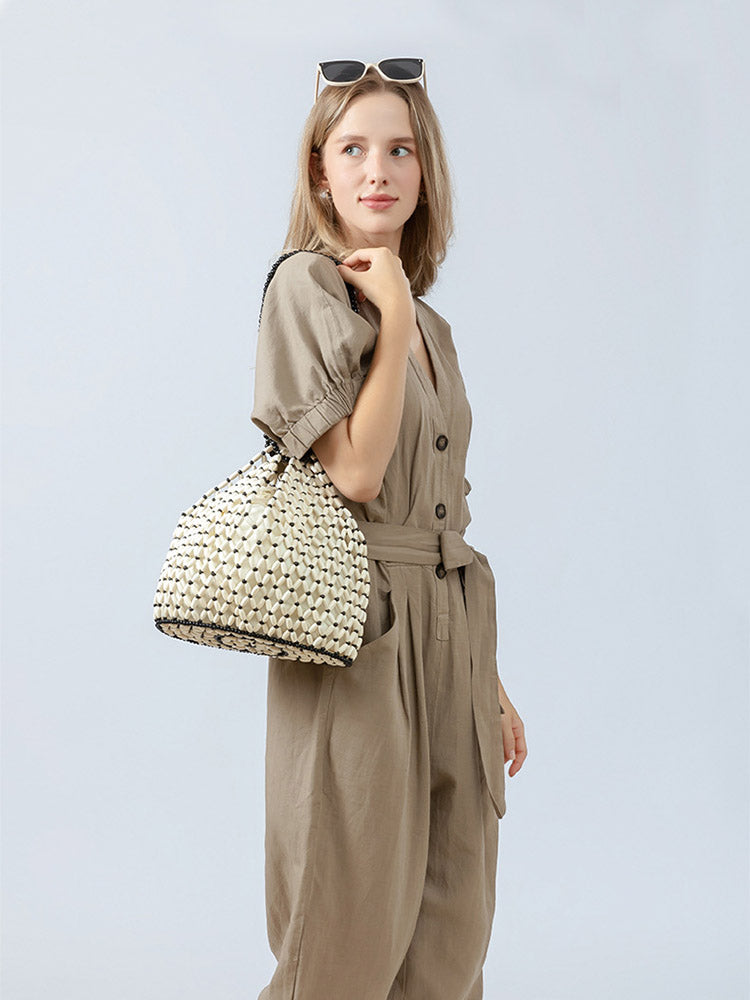 Handcrafted Wooden Bead Woven Tote Bag-CALLISTARI