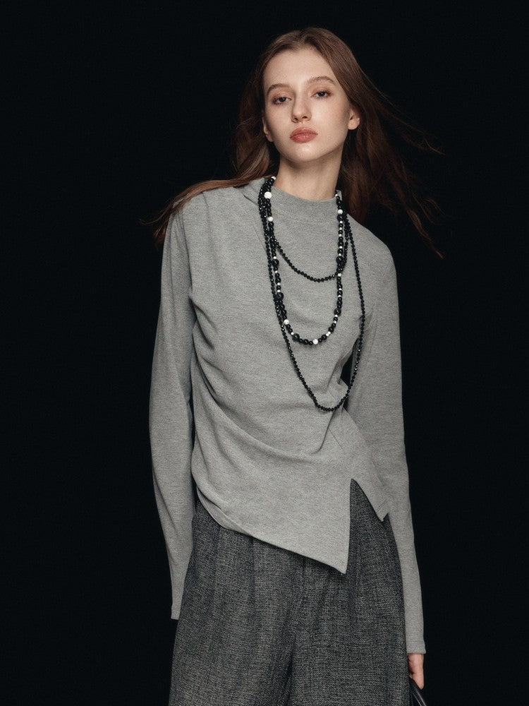 Mock Neck Split Long Sleeve T-Shirt-CALLISTARI