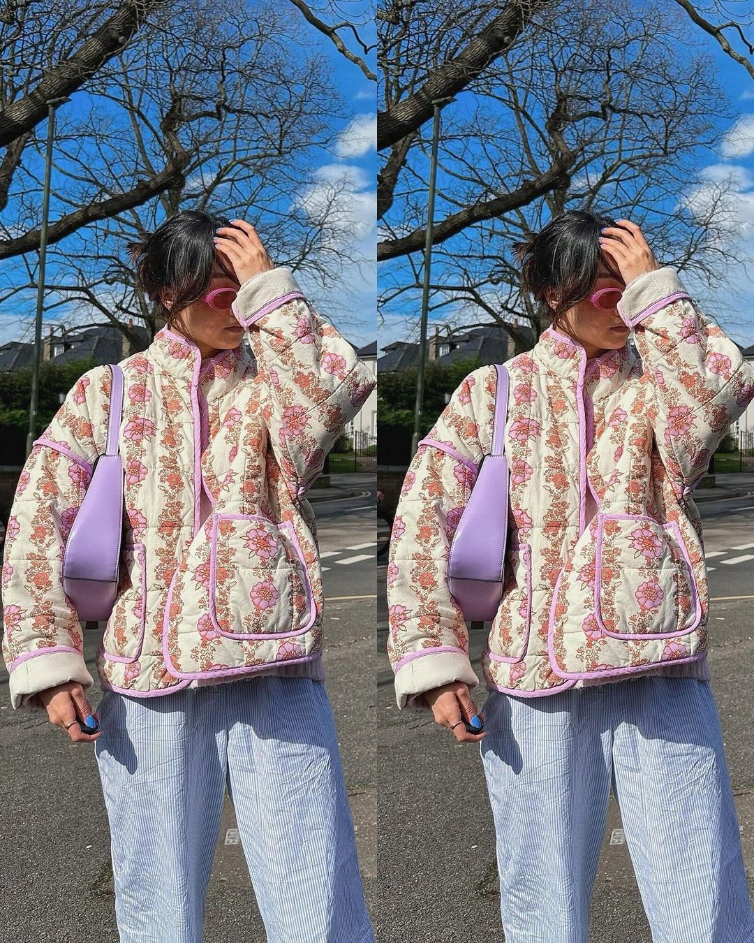 Flower Print Pocket Clip Cotton Drop Shoulder Jacket-CALLISTARI